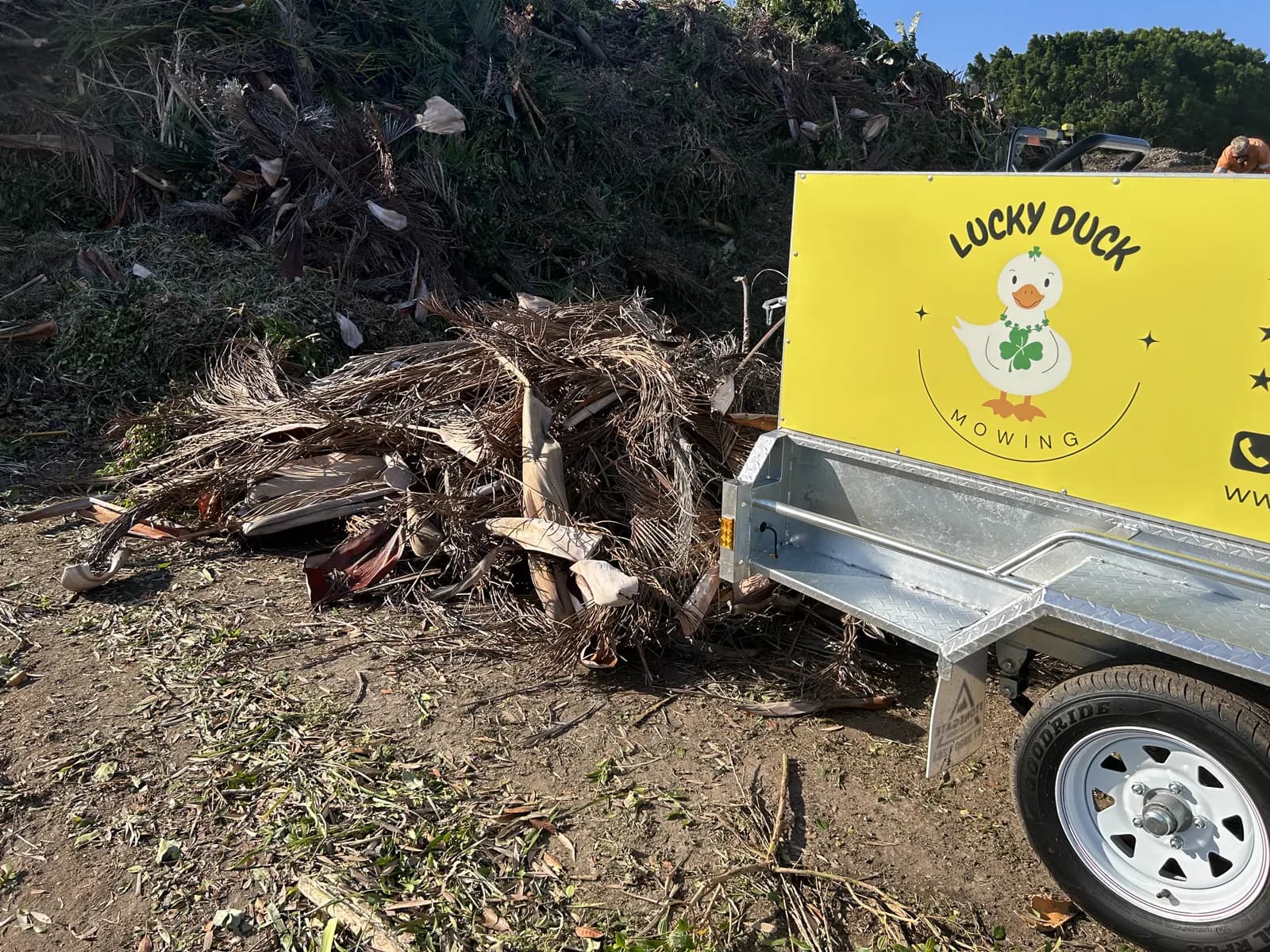 Lucky Duck Mowing trailer loaded with green waste at the tip